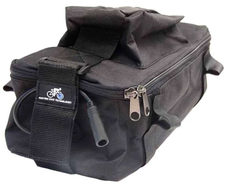 A black canvas battery bag for electric bikes and trikes