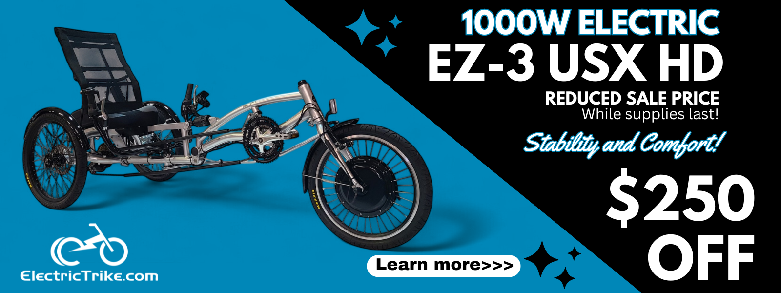 Electric EZ-3 USX HD - Comfortable Recumbent Electric Trike with Stability